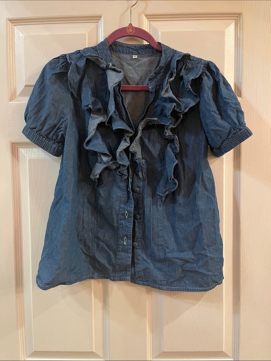 Tops - Denim Ruffle Front Button-Up Top - Blue